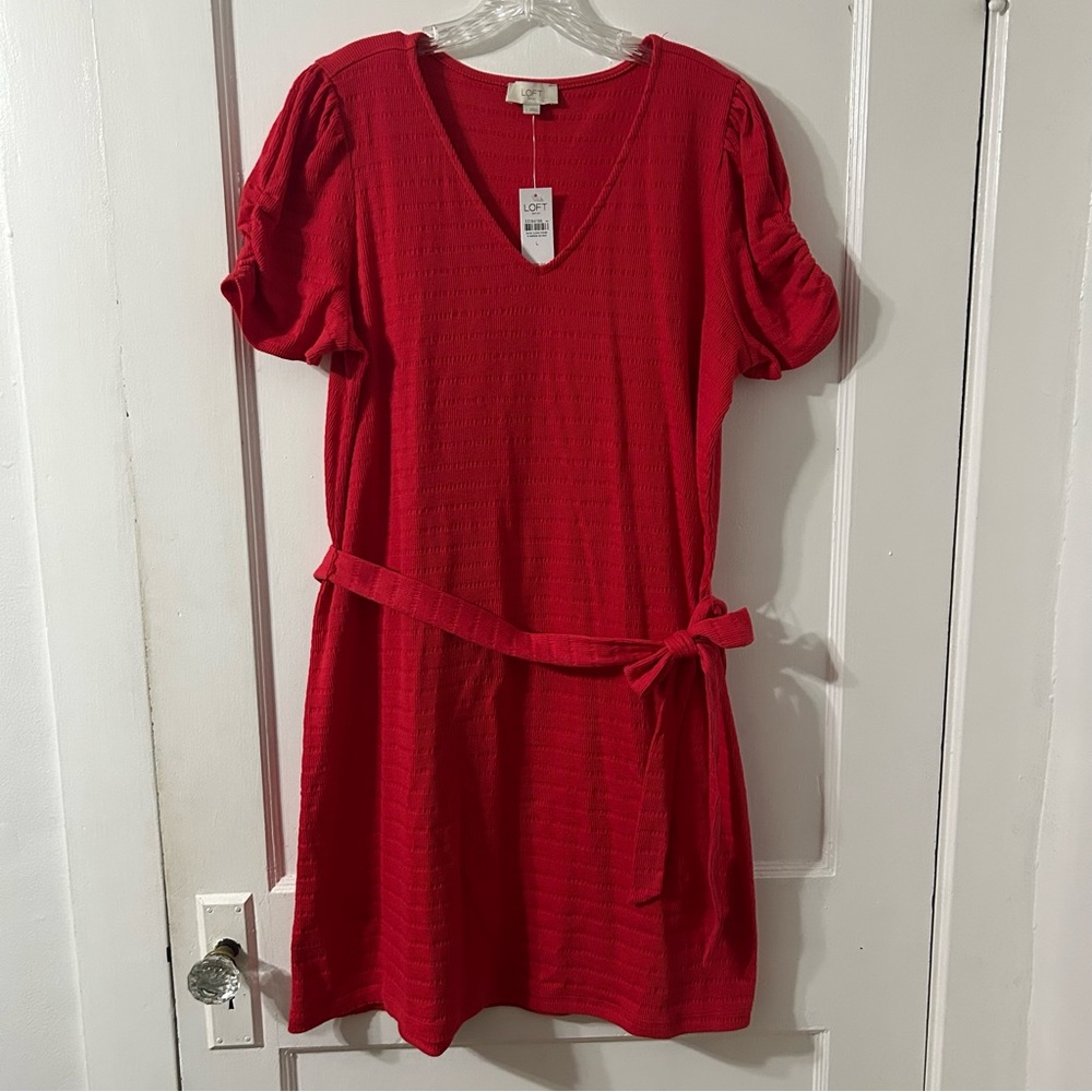 NWT New Loft L Red Dress with Tie at the Waist Large